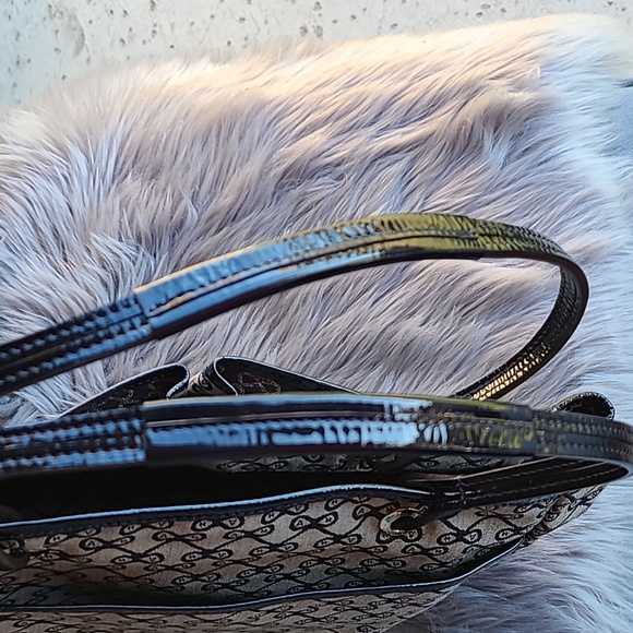 Anya Hindmarch logo blue and gray canvas tote leather handles leather